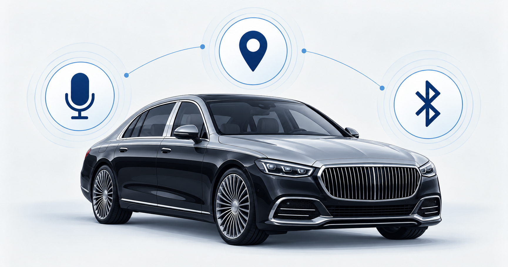 Lüks sedan üzerinde ses kaydı, konum takibi ve Bluetooth aksesuarlarını temsil eden simgeler
